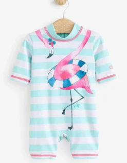 FatFace Flamingo Surf Suit And Hat Set Blue New