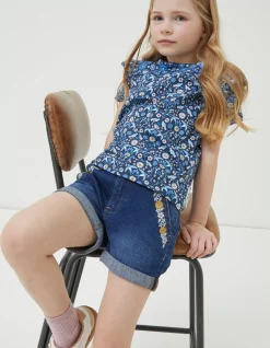 FatFace Floral Embroidered Denim Shorts Denim Blue Outlet