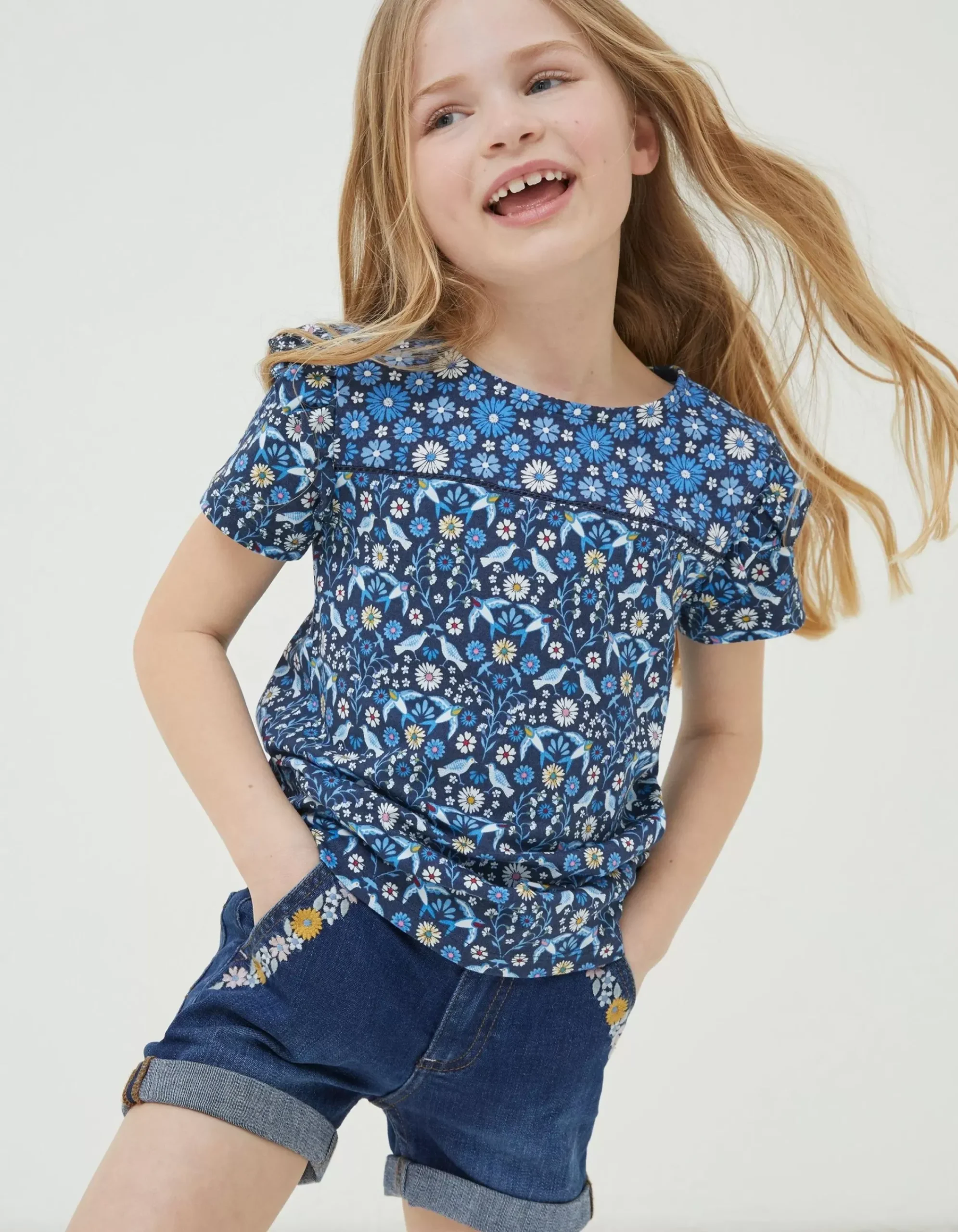 FatFace Floral Embroidered Denim Shorts Denim Blue Outlet