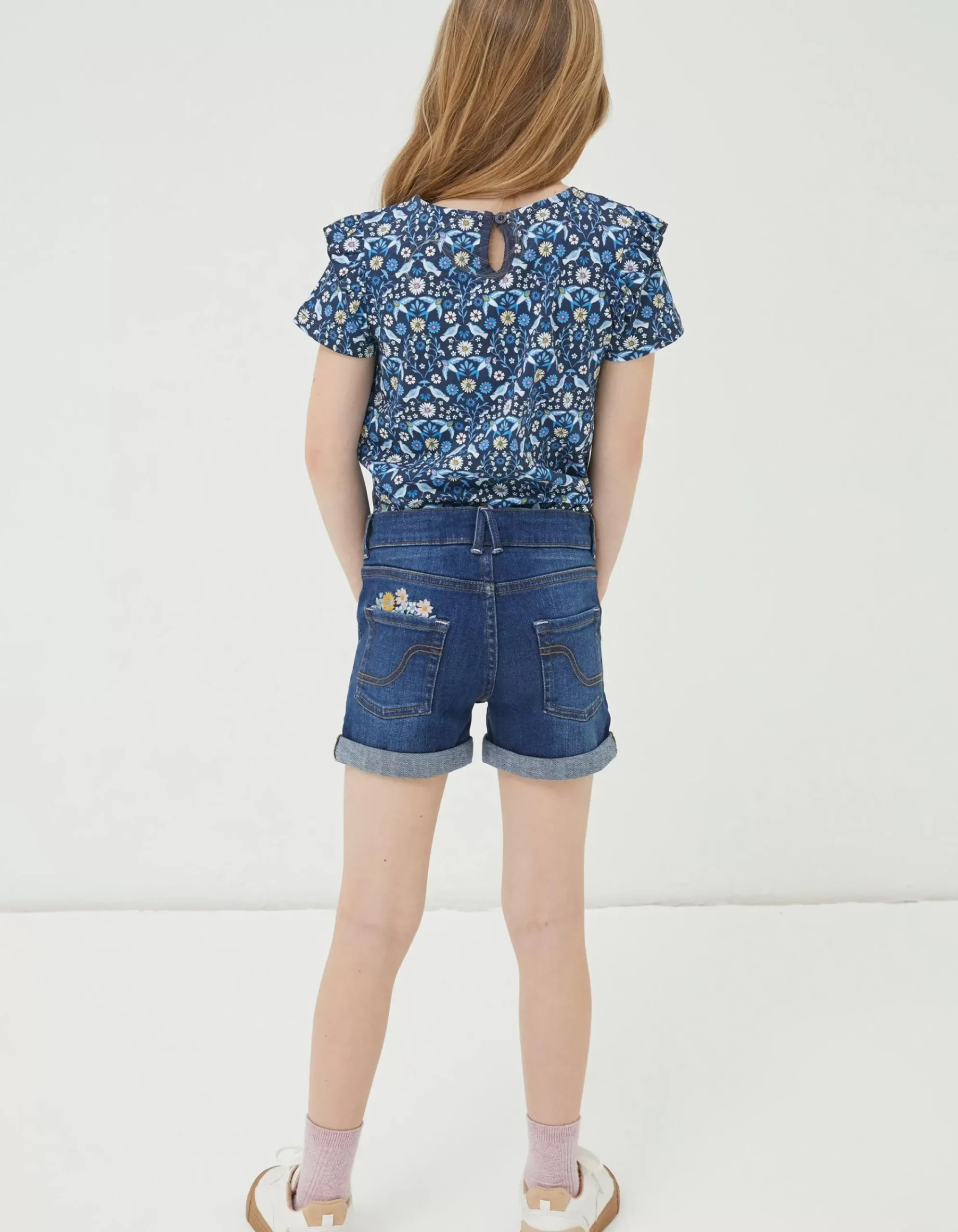 FatFace Floral Embroidered Denim Shorts Denim Blue Outlet