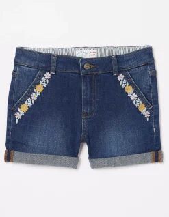 FatFace Floral Embroidered Denim Shorts Denim Blue Outlet