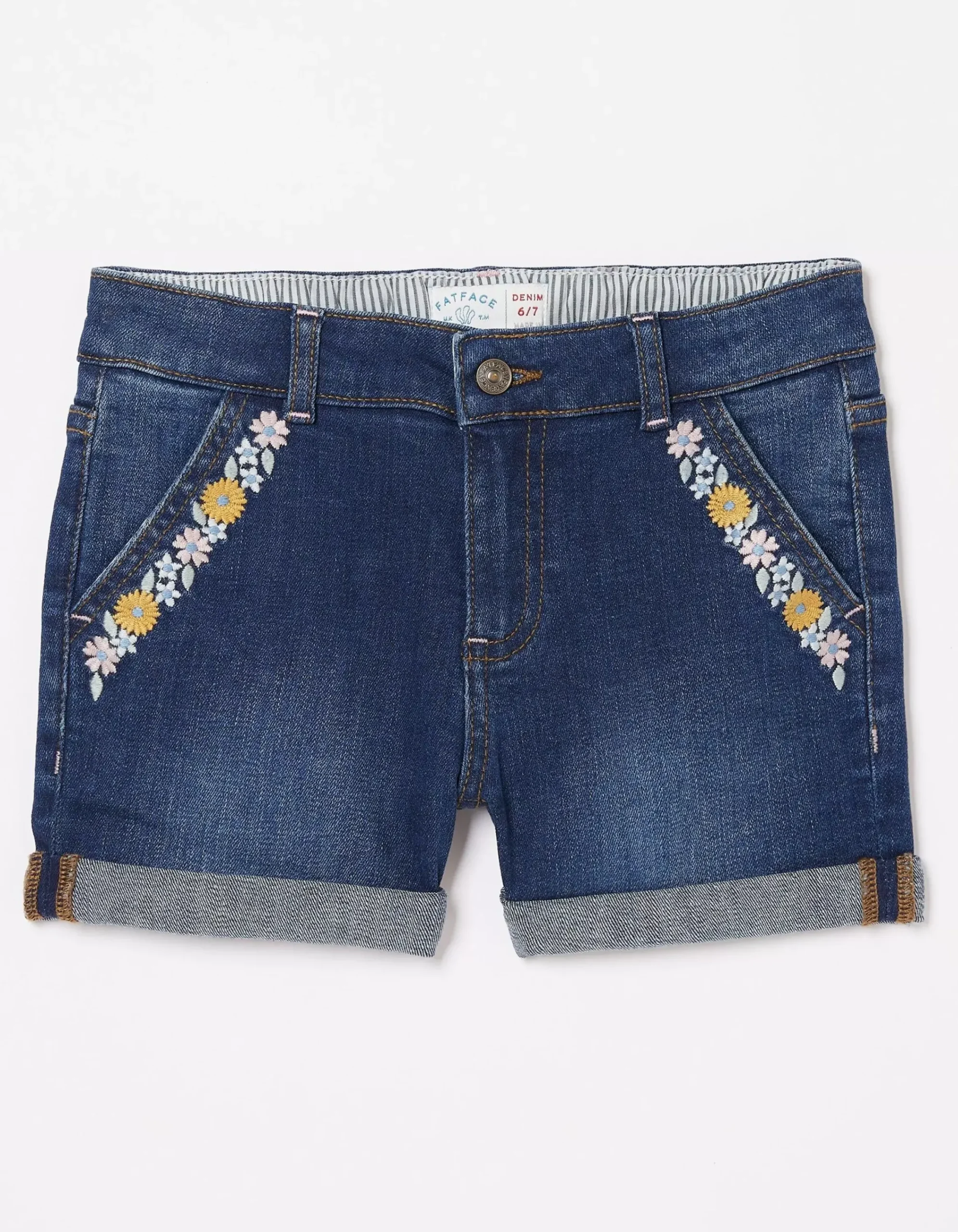 FatFace Floral Embroidered Denim Shorts Denim Blue Outlet