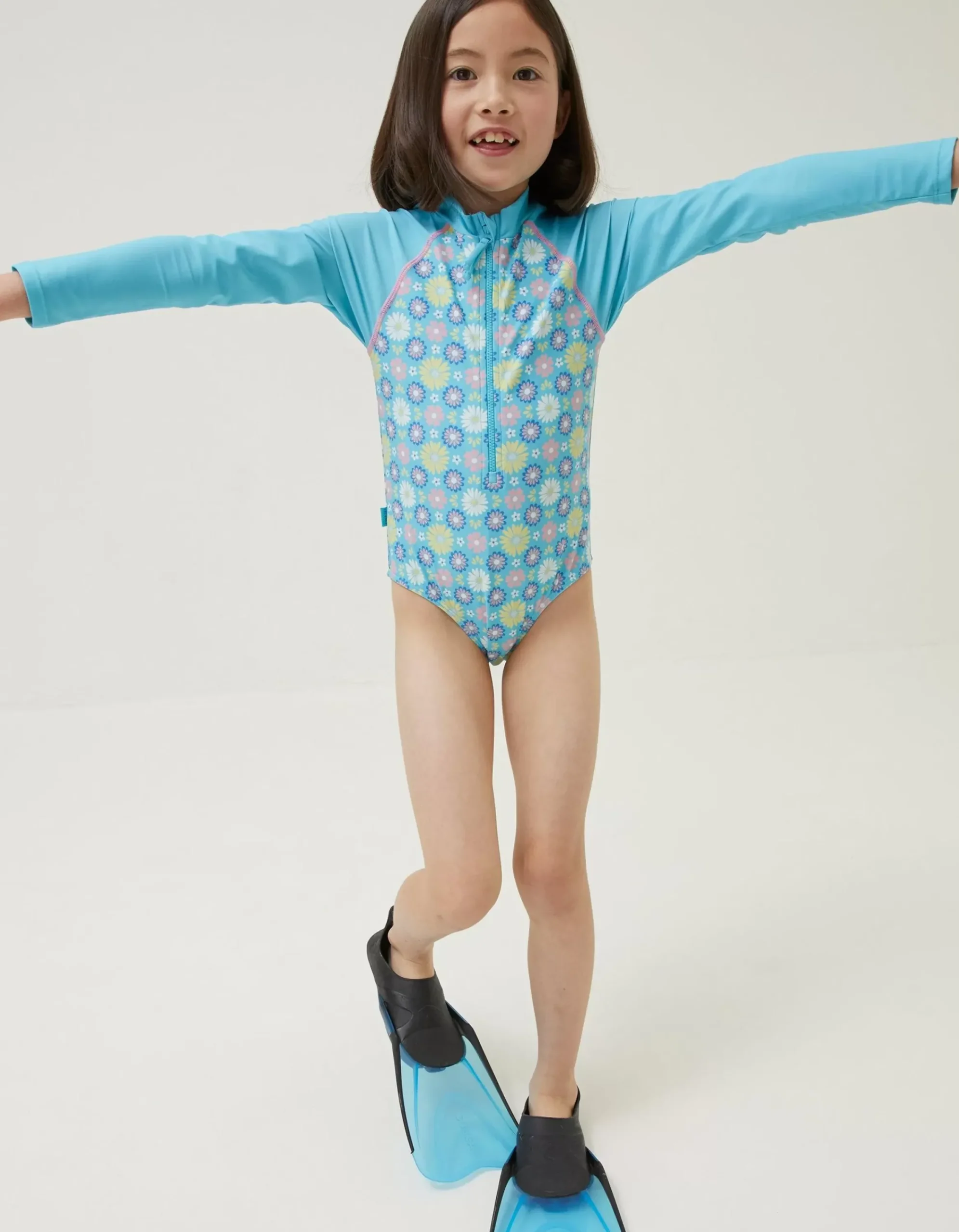 FatFace Floral Long Sleeve Swimsuit Sage Green Clearance