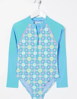 FatFace Floral Long Sleeve Swimsuit Sage Green Clearance