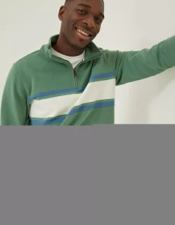 FatFace Fowey Stripe Half Neck Sweatshirt Green