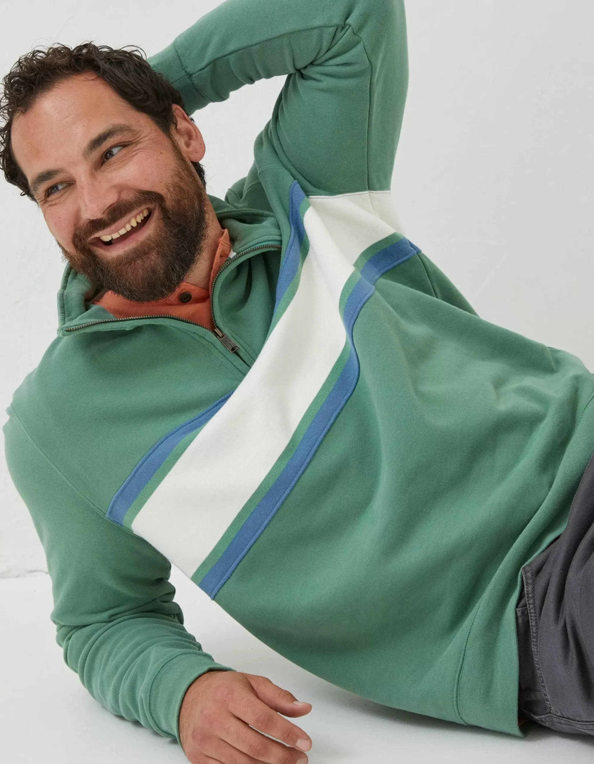 FatFace Fowey Stripe Half Neck Sweatshirt Green