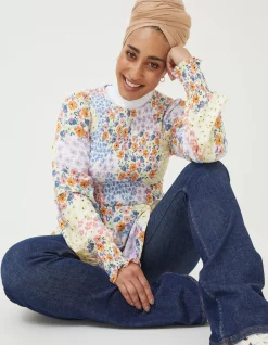 FatFace Fran Meadow Patch Shirred Top Ivory Discount