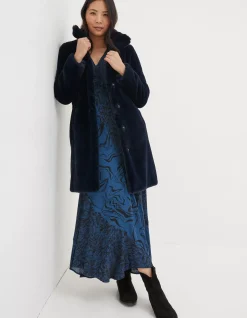 FatFace Freya Faux Fur Long Coat Navy Hot