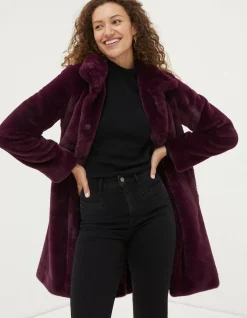 FatFace Freya Faux Fur Long Coat Purple Outlet