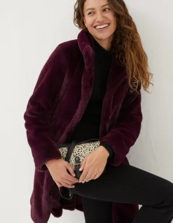 FatFace Freya Faux Fur Long Coat Purple Outlet