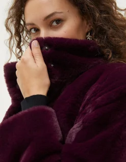 FatFace Freya Faux Fur Long Coat Purple Outlet