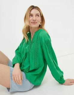 FatFace Freya Green Lace Blouse Bright Green Clearance