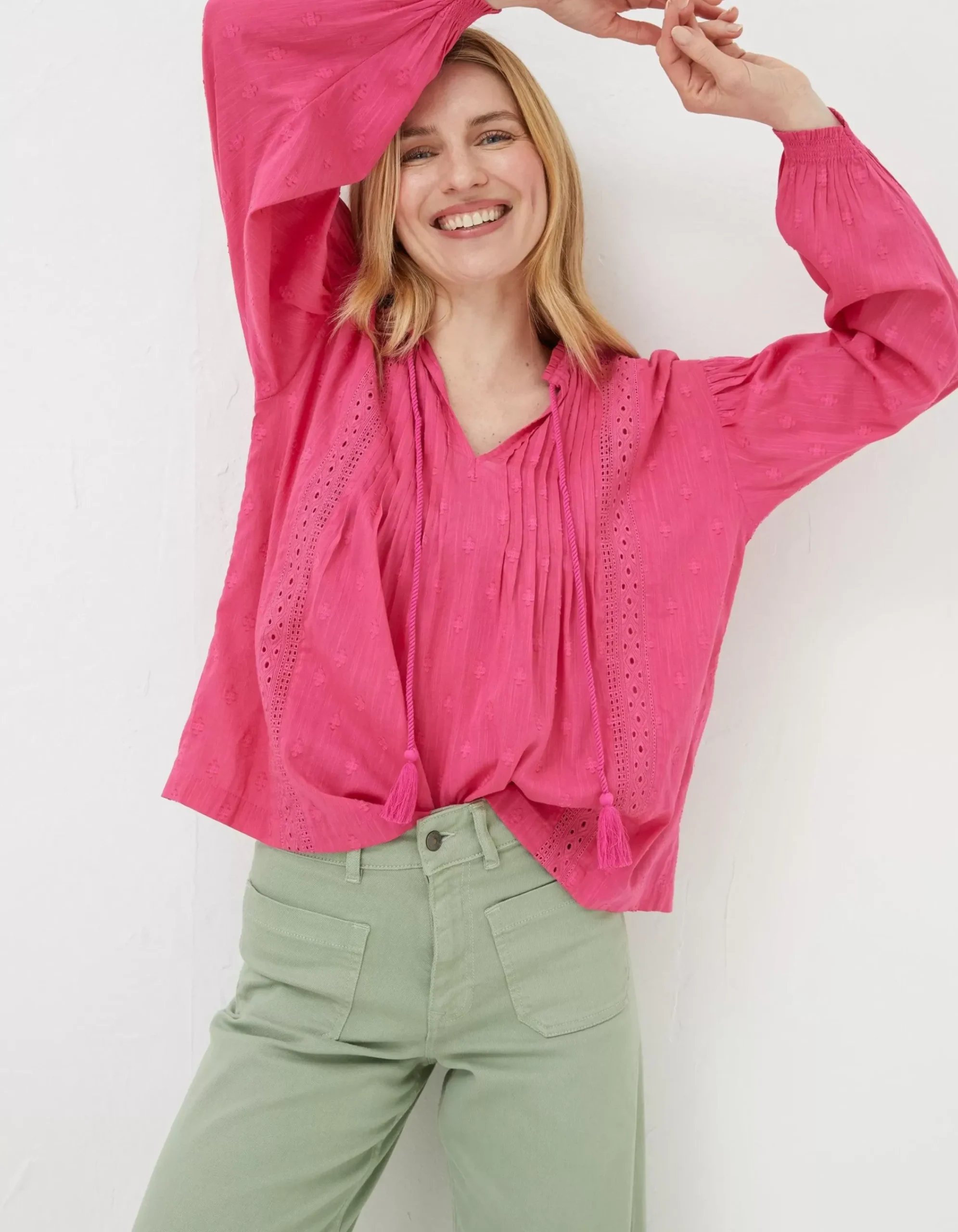 FatFace Freya Pink Lace Blouse Bright Pink Online