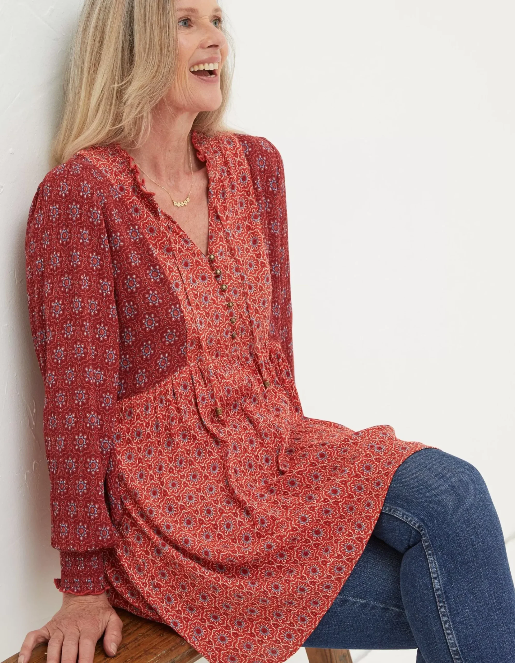FatFace Gerry Craft Geo Tunic Raspberry Red Clearance