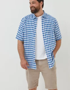 FatFace Gingham Linen Shirt Cobalt Blue Clearance