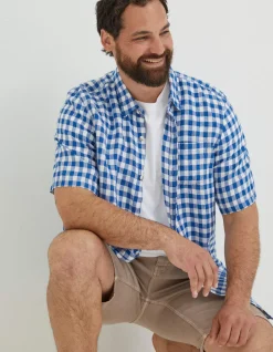 FatFace Gingham Linen Shirt Cobalt Blue Clearance