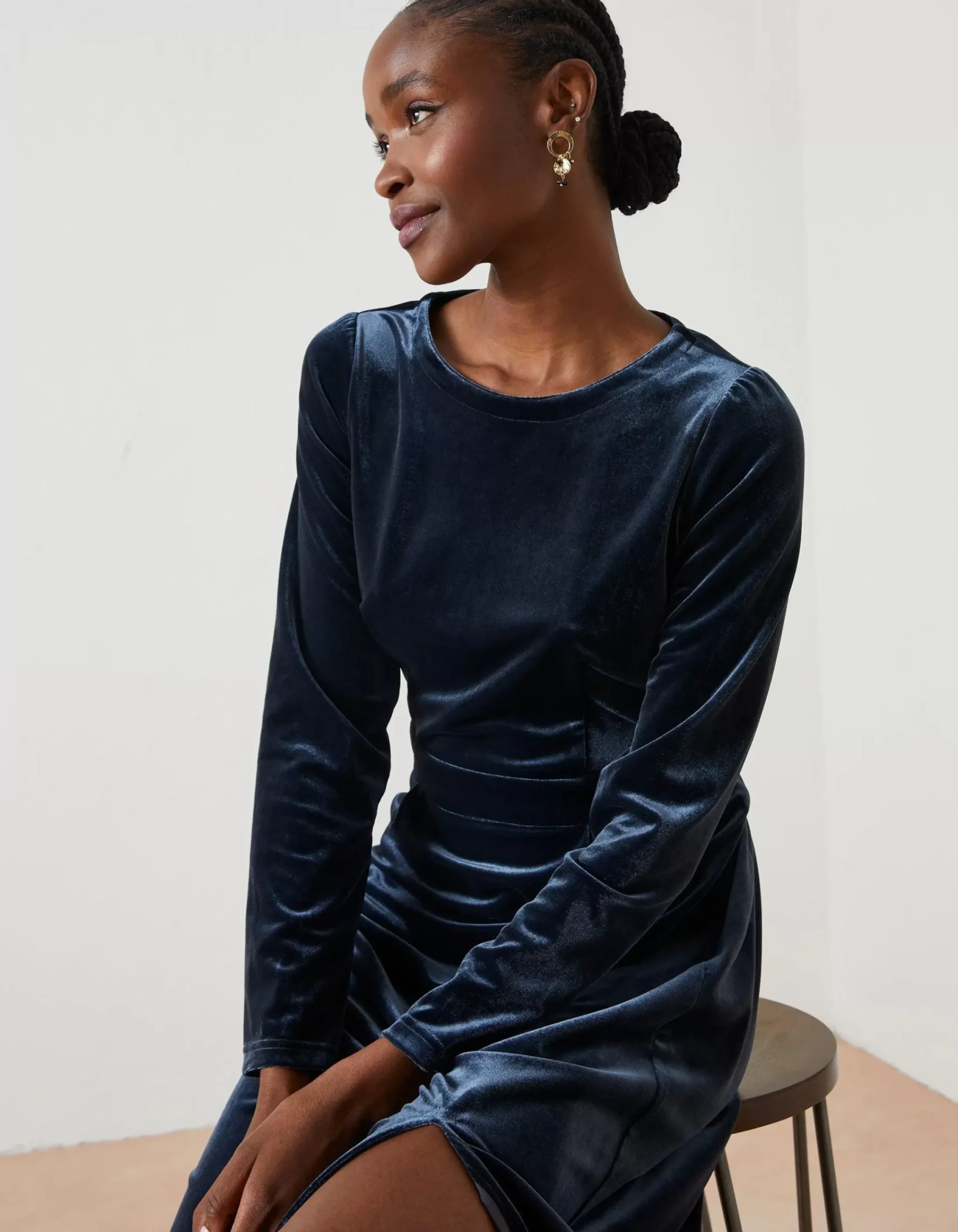 FatFace Haldon Velvet Midi Dress Dark Navy