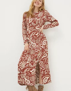 FatFace Haldon Watercolour Midi Dress Brown Clearance