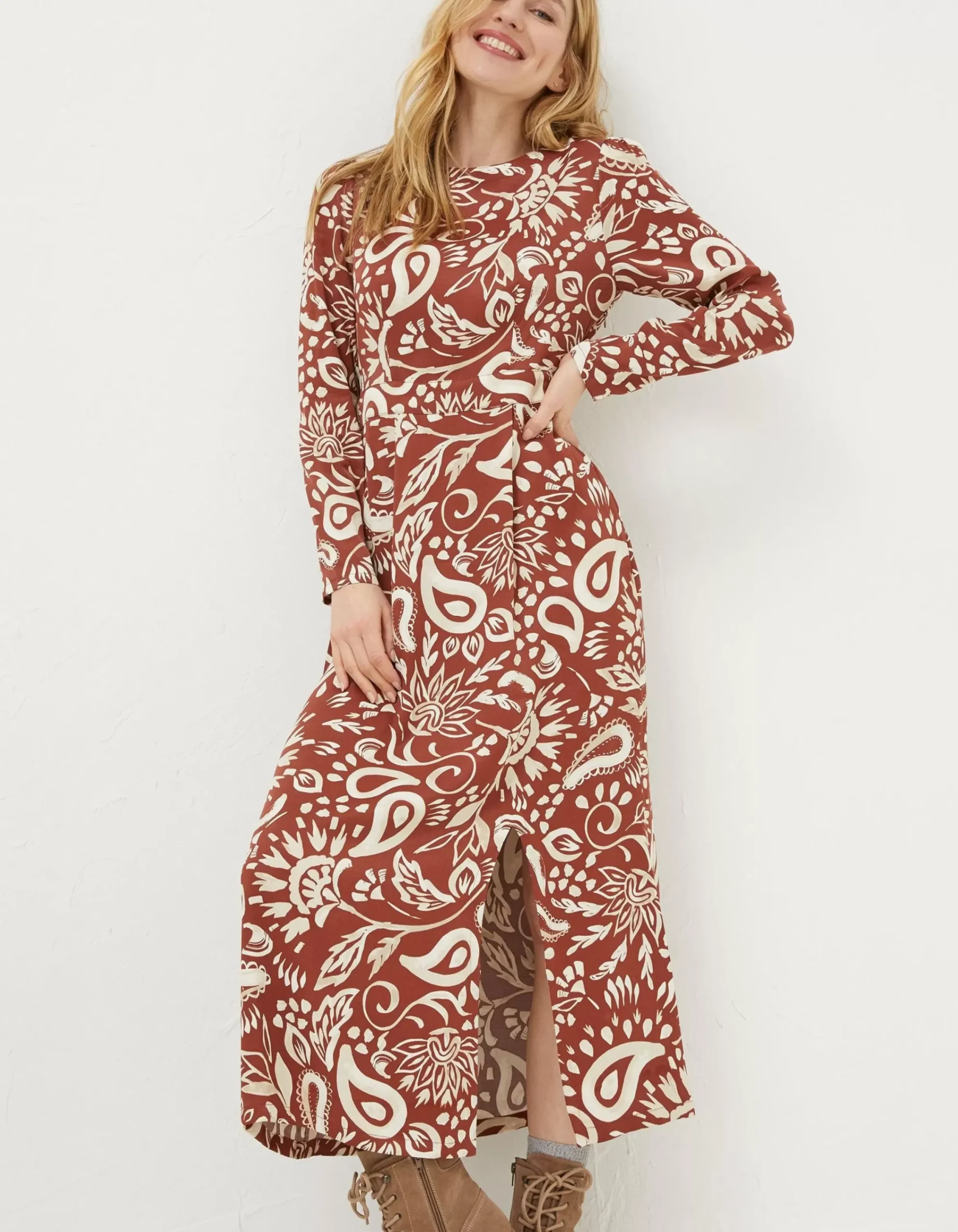 FatFace Haldon Watercolour Midi Dress Brown Clearance