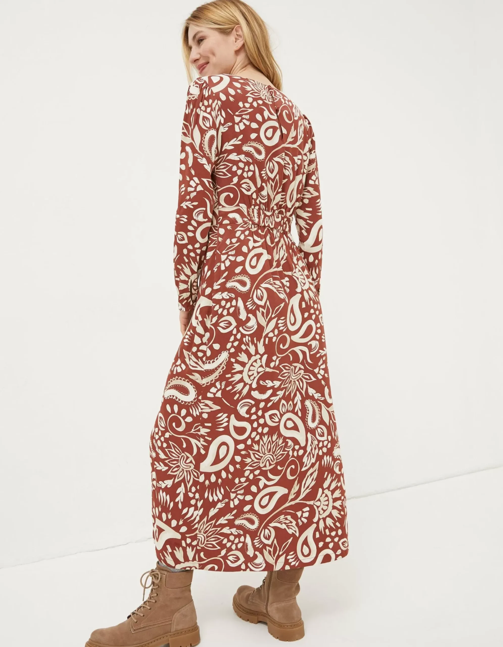 FatFace Haldon Watercolour Midi Dress Brown Clearance