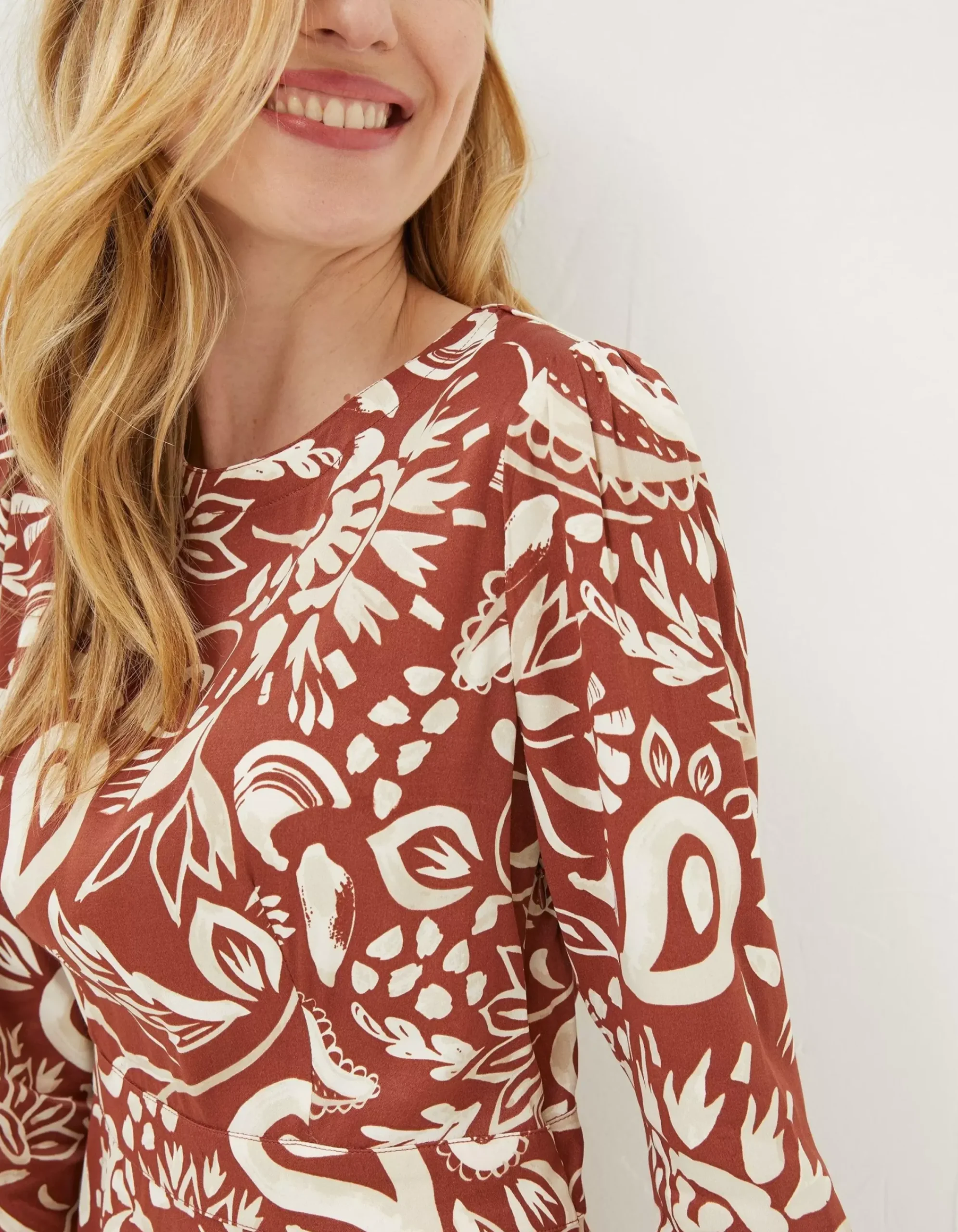 FatFace Haldon Watercolour Midi Dress Brown Clearance