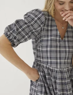 FatFace Hannah Puff Sleeve Check Midi Dress Navy