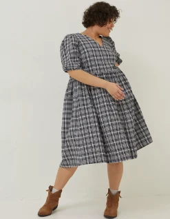 FatFace Hannah Puff Sleeve Check Midi Dress Navy