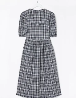 FatFace Hannah Puff Sleeve Check Midi Dress Navy
