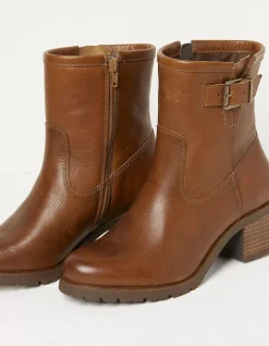FatFace Hollie Mid Heel Leather Boots Tan Hot