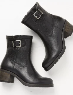 FatFace Hollie Mid Heel Leather Boots Black Clearance