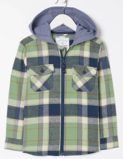 FatFace Hooded Check Shacket Washed Green Discount