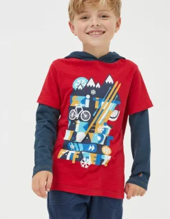 FatFace Hooded Ski Graphic T-Shirt Cherry Red Clearance
