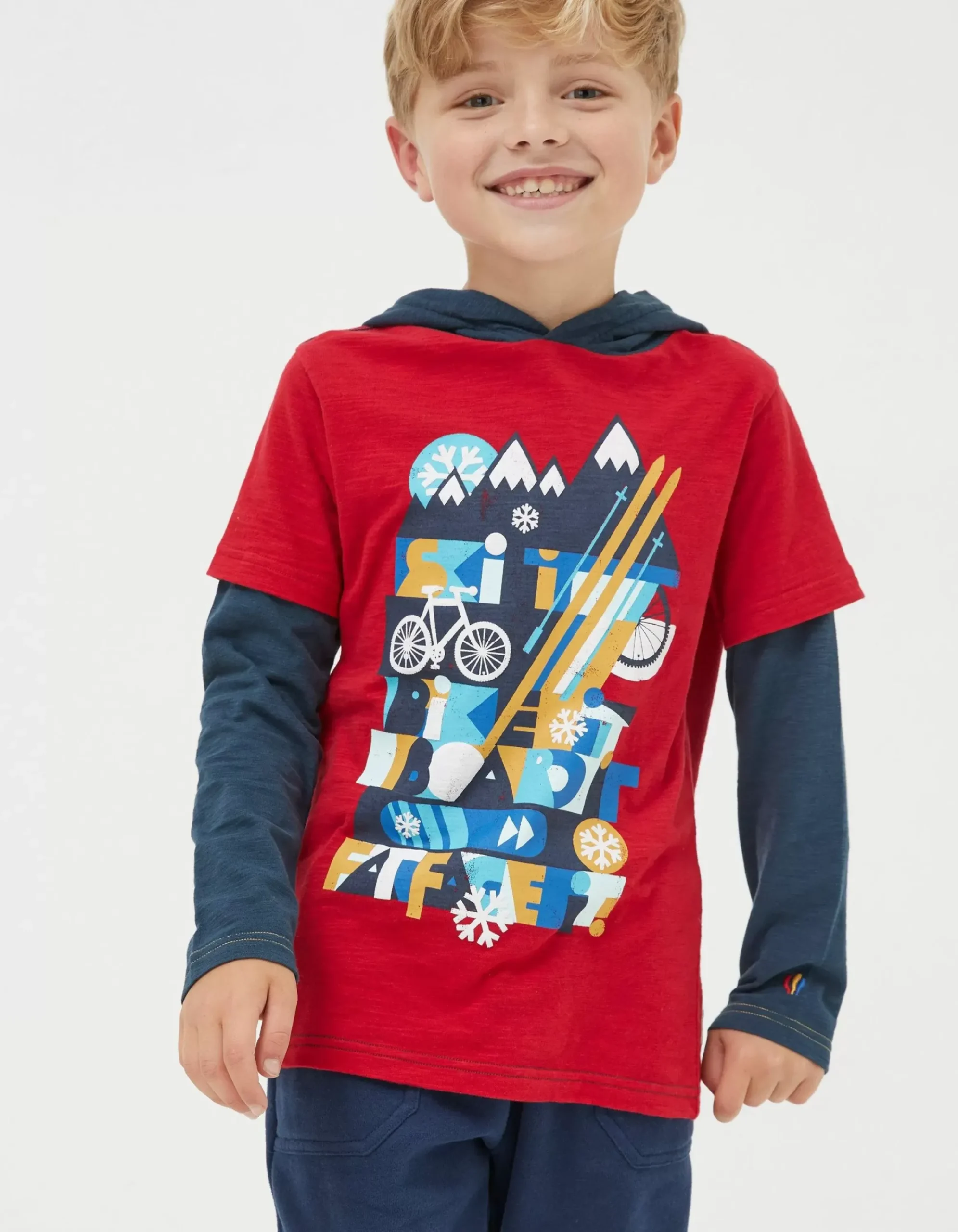 FatFace Hooded Ski Graphic T-Shirt Cherry Red Clearance