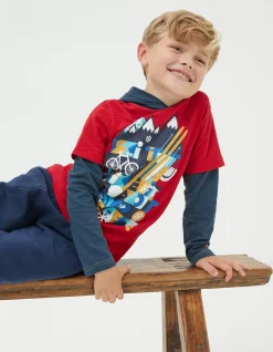 FatFace Hooded Ski Graphic T-Shirt Cherry Red Clearance