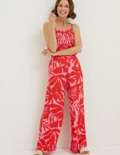 FatFace Ikat Leaves Palazzo Trousers Bright Red New
