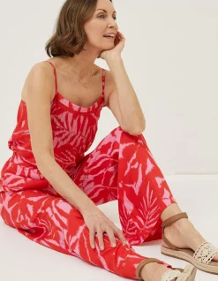 FatFace Ikat Leaves Palazzo Trousers Bright Red New