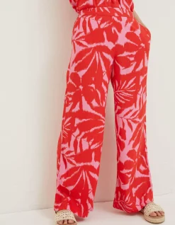 FatFace Ikat Leaves Palazzo Trousers Bright Red New
