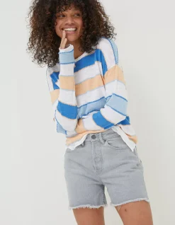 FatFace Isobella Cotton Linen Stripe Jumper Blue