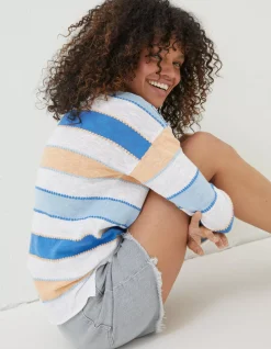 FatFace Isobella Cotton Linen Stripe Jumper Blue