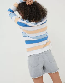 FatFace Isobella Cotton Linen Stripe Jumper Blue