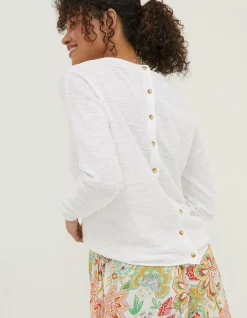 FatFace Isobella Linen Blend Button Back Jumper White Sale