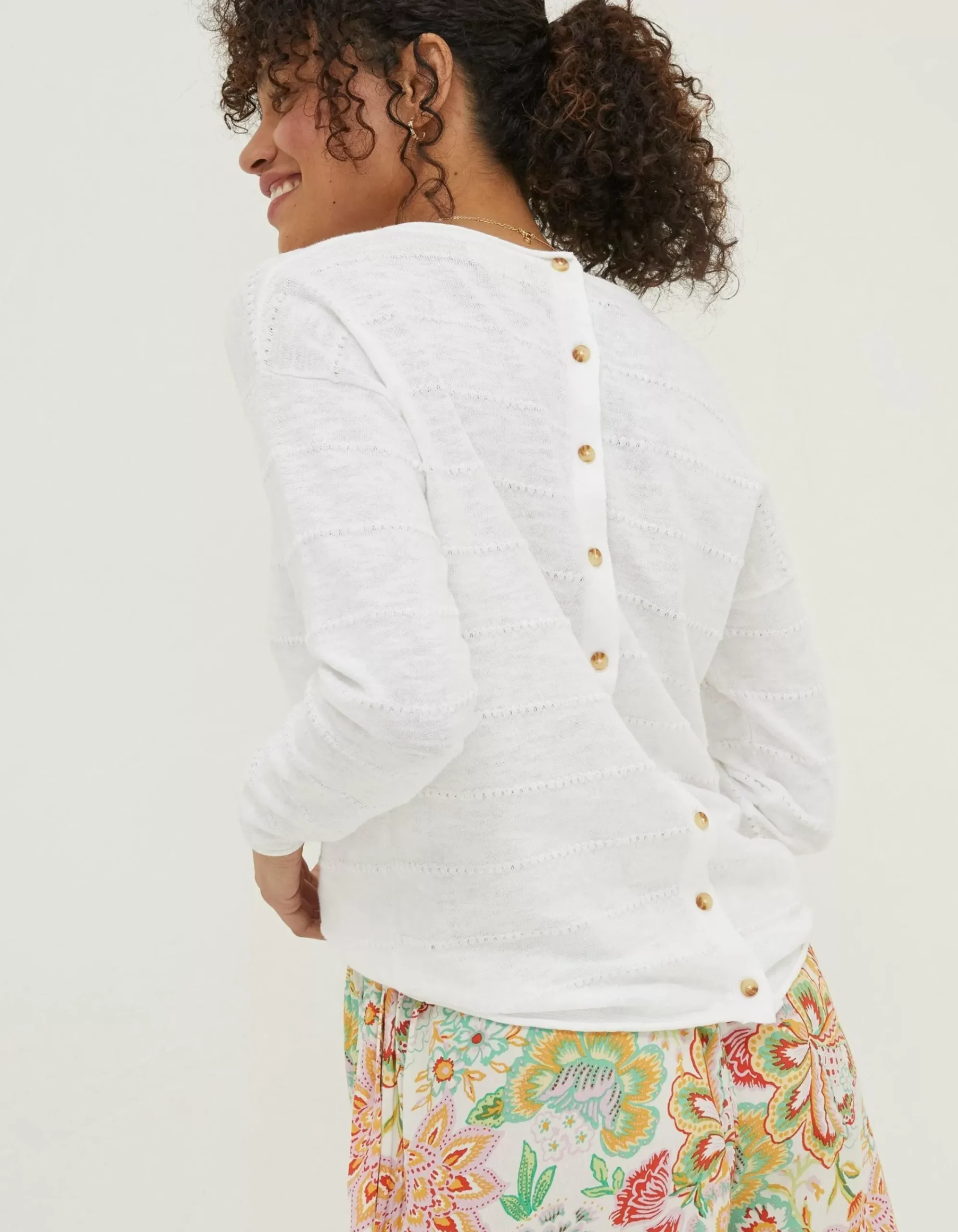 FatFace Isobella Linen Blend Button Back Jumper White Sale