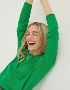 FatFace Isobella Linen Blend Button Back Jumper Green Hot