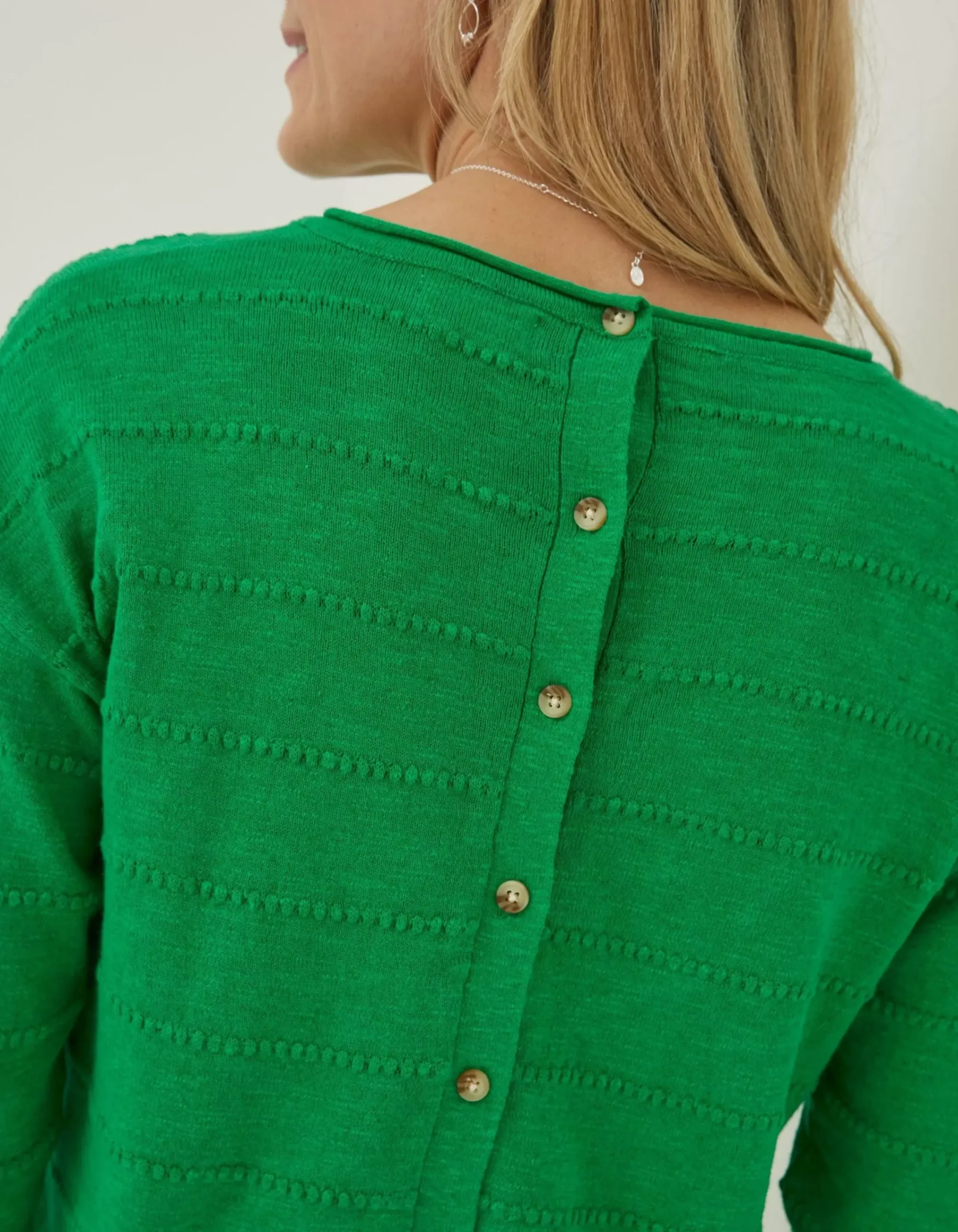 FatFace Isobella Linen Blend Button Back Jumper Green Hot