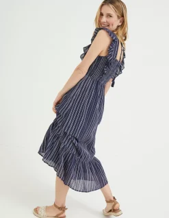 FatFace Izzi Stripe Embroidered Midi Dress Navy