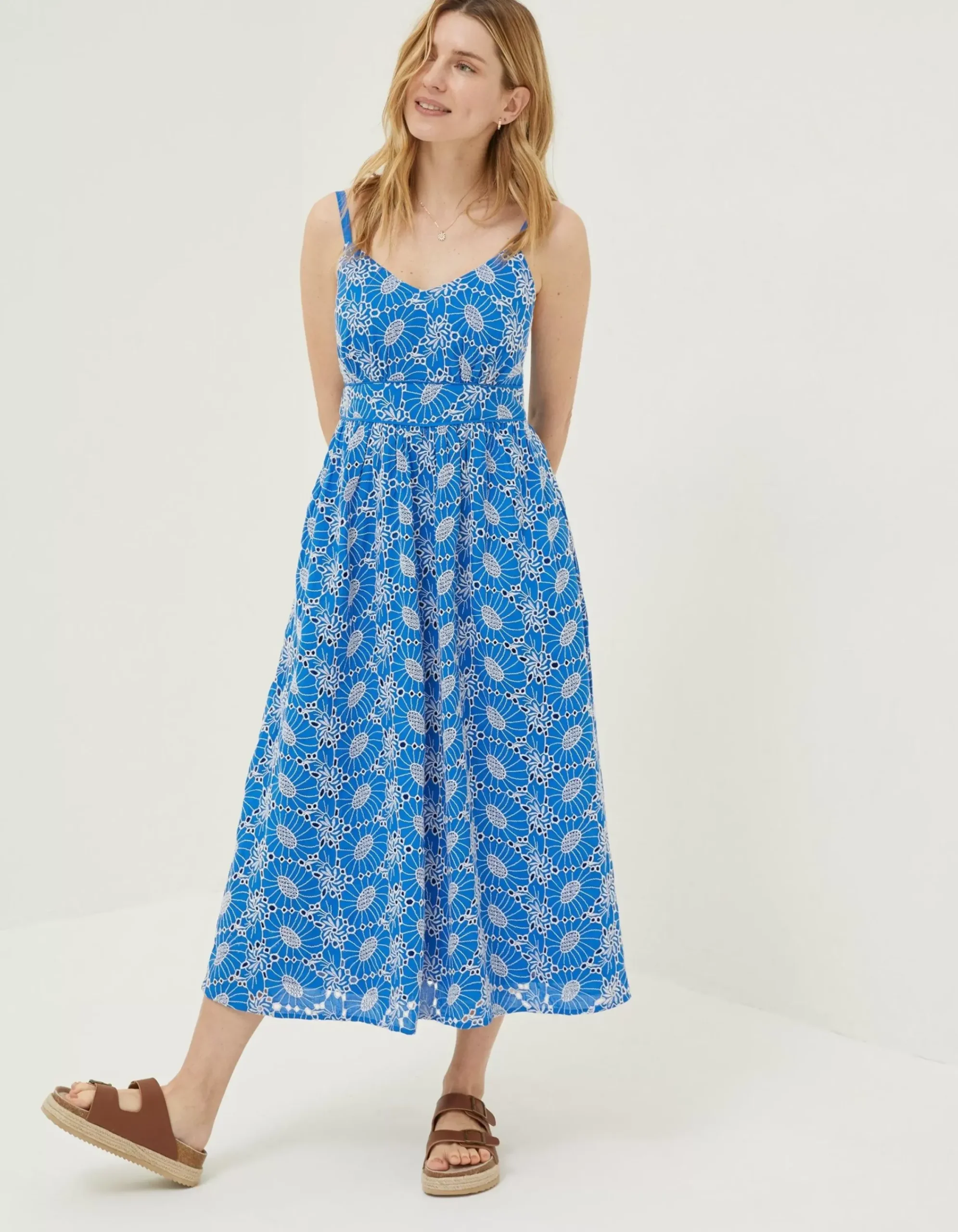 FatFace Jayden Broderie Midi Dress Cobalt Blue Sale