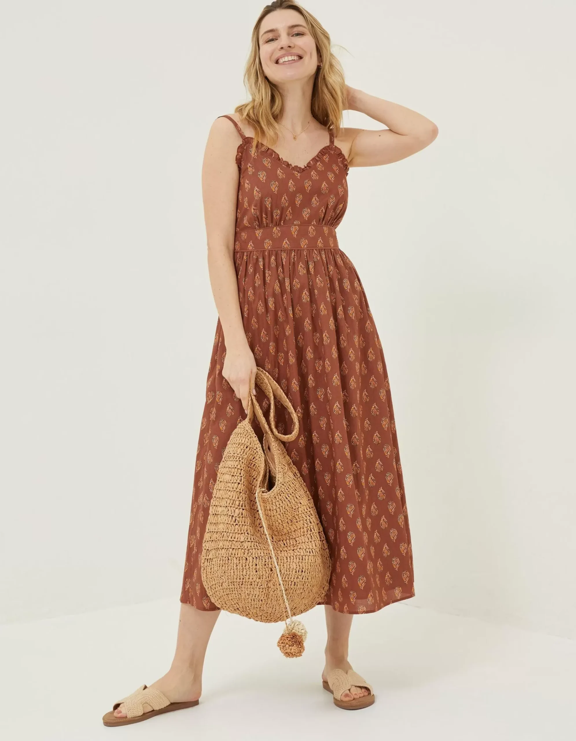 FatFace Jayden Woodblock Midi Dress Tan Discount
