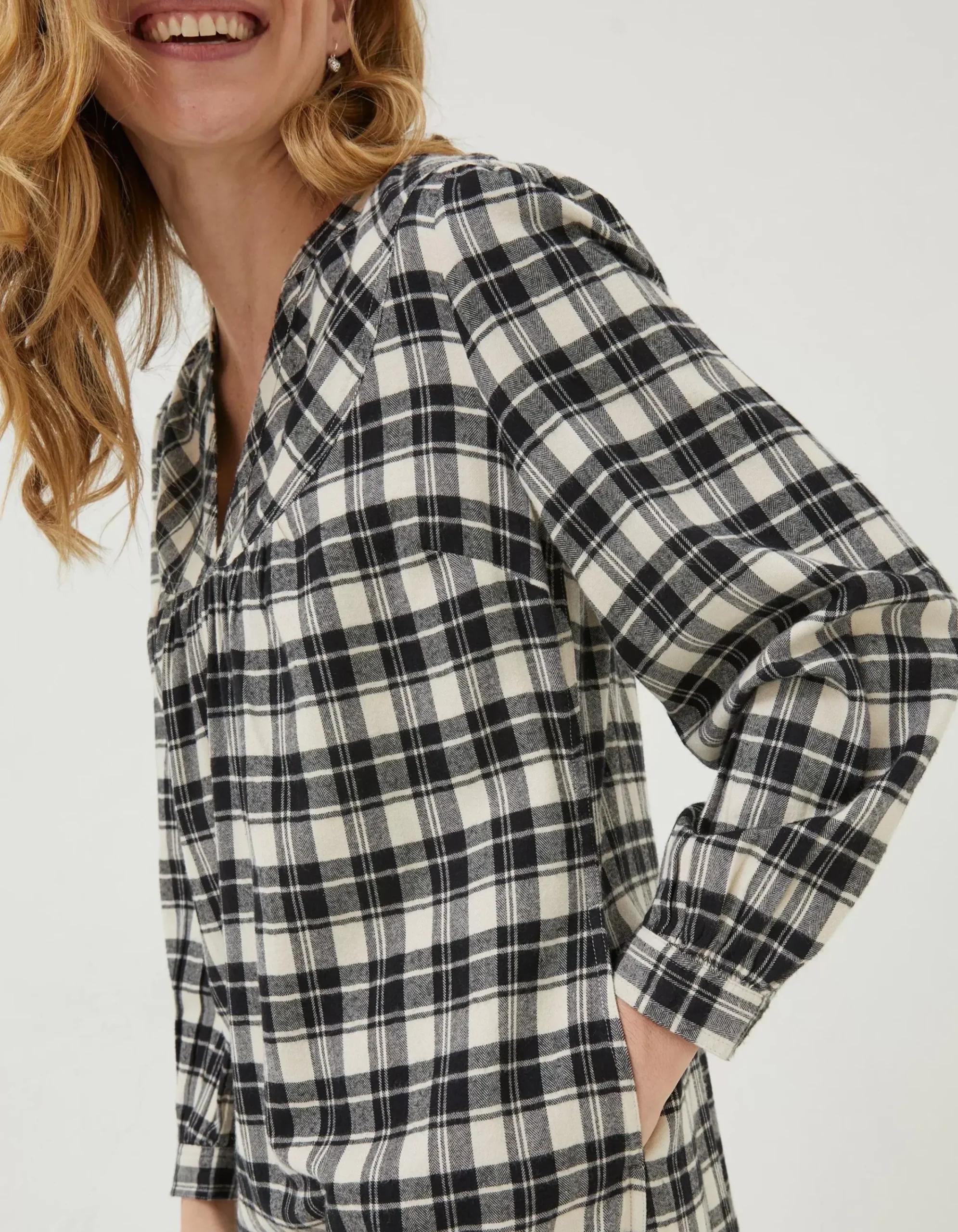 FatFace Jessie Check Smock Dress Ivory Sale