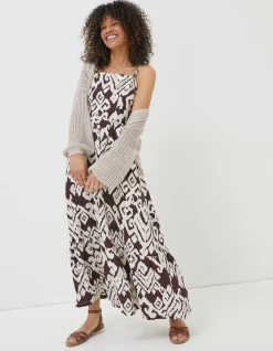 FatFace Julien Ikat Linen Midi Dress Dark Brown Discount