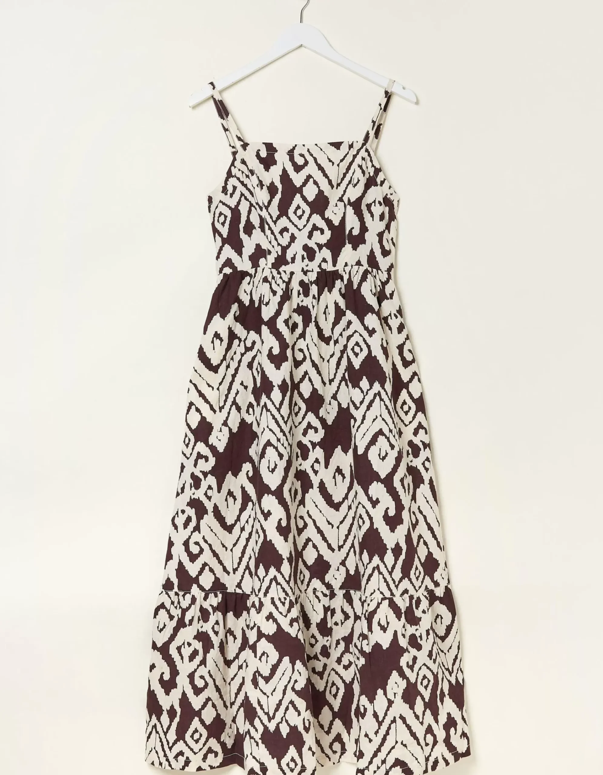 FatFace Julien Ikat Linen Midi Dress Dark Brown Discount